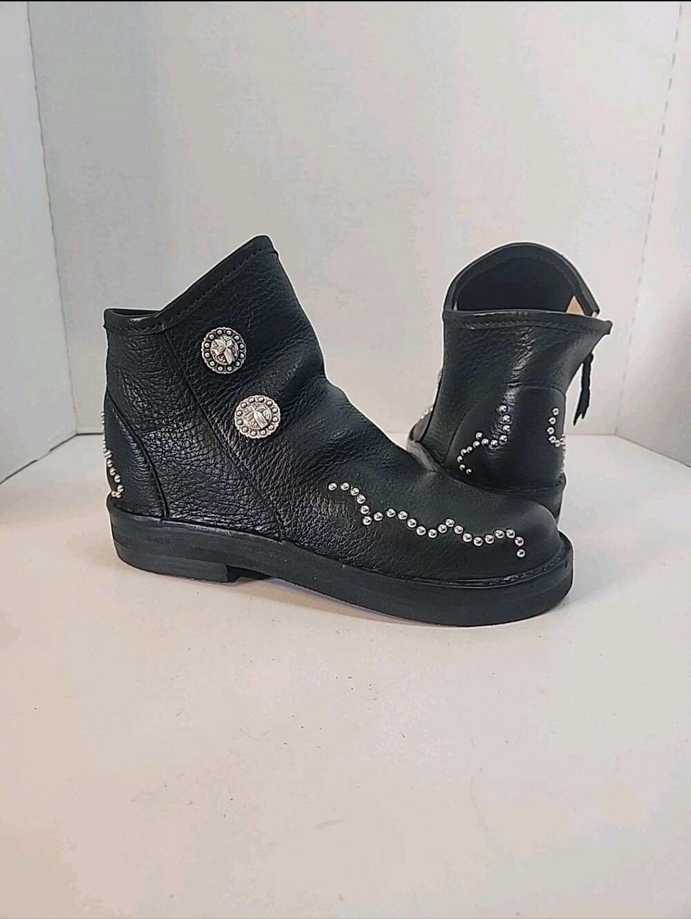 Ladies Black Leather Custom Made Studded/Embellished Ankle Boots W/ Vibram Soles